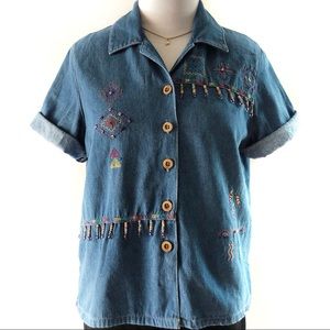 80s 90s Vintage Denim Chambray Button Up Beaded
